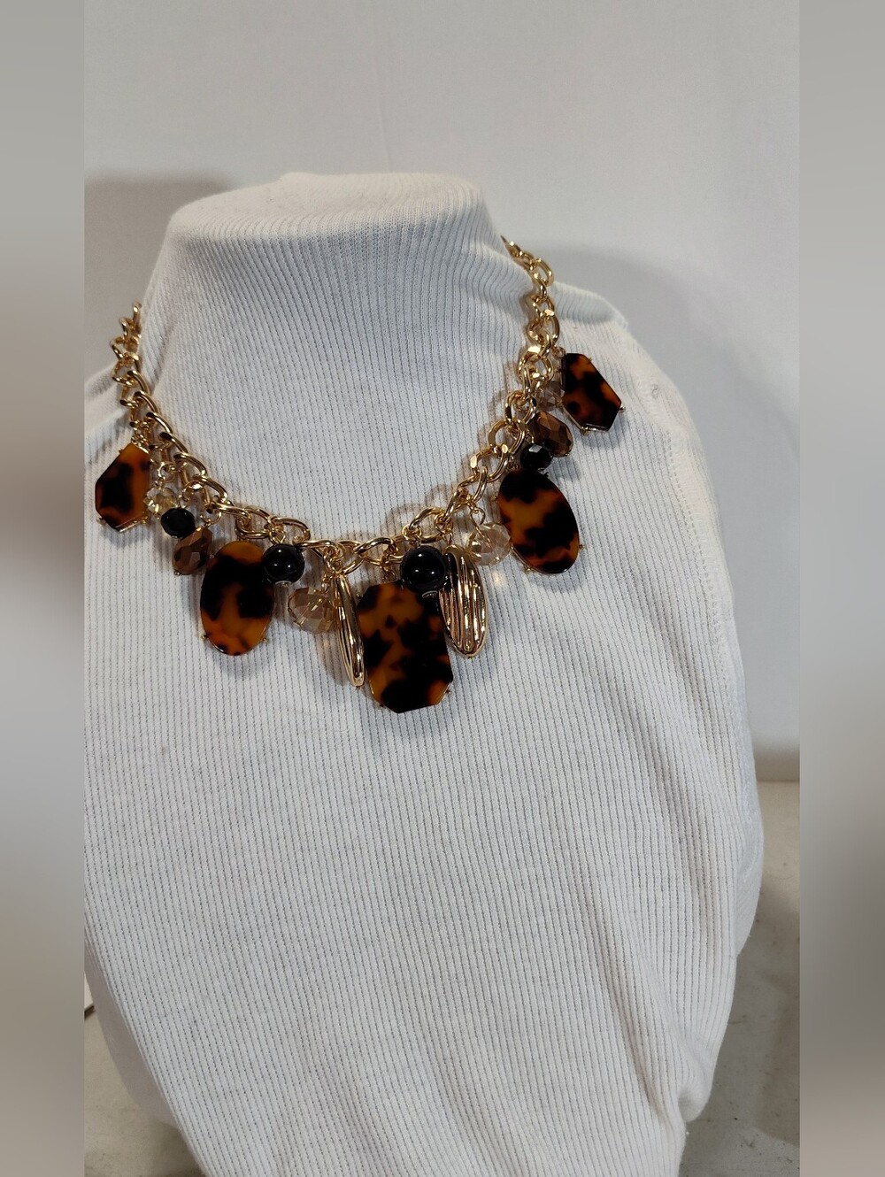 Gold Chain Necklace with Tortoiseshell and Black Accents